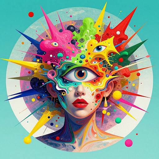 Digital surreal portrait of a woman with multi-colored spikes, splattered paint, and one large eye, set against a blue circular background. Vibrant,
