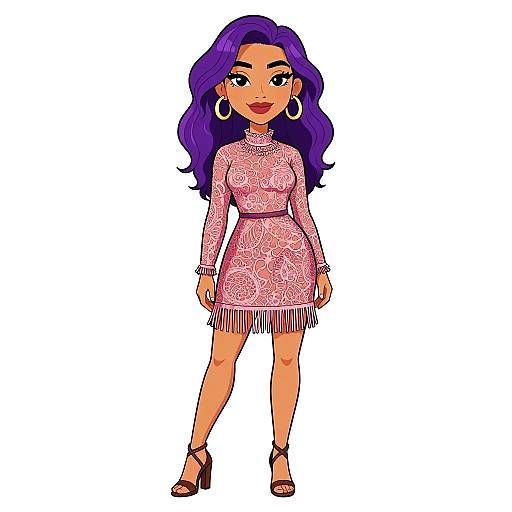Digital illustration of a curvy woman with purple hair, wearing a pink lace dress with fringe, hoop earrings, and black high heels.