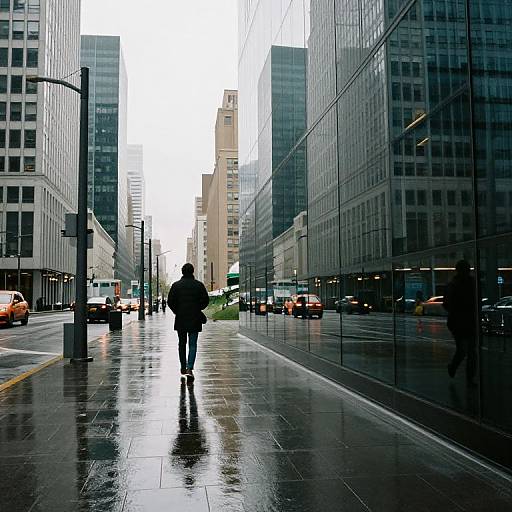 Photograph of a rainy urban street: Silhouette of a lone person walking on a wet sidewalk, surrounded by tall, reflective skyscrapers with yellow