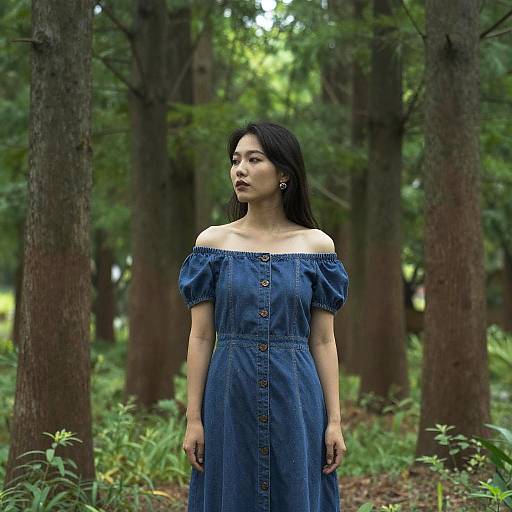 Photograph of an Asian woman with long black hair, wearing an off-shoulder blue denim dress, standing in a lush, green forest.