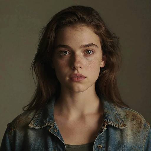 Photograph of a young woman with fair skin, brown wavy hair, and freckles, wearing a worn denim jacket over a black top,