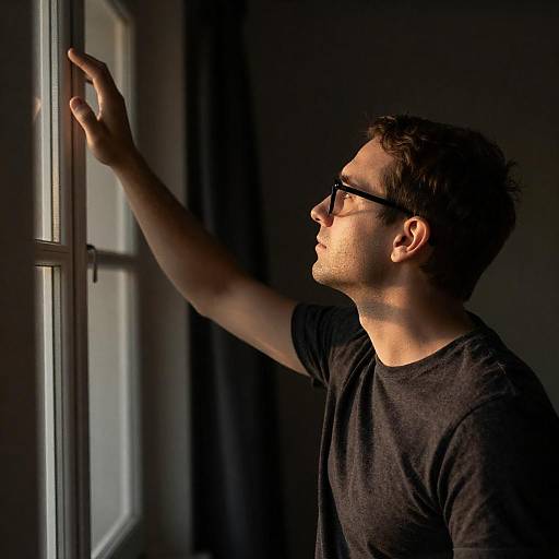 Man Reaching to Window in Dim Room
