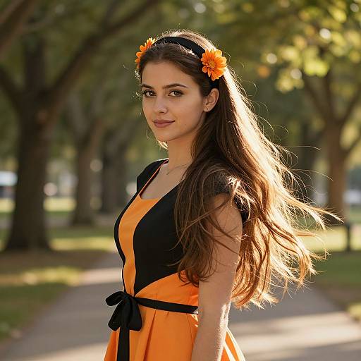 Photograph of a young woman with long brown hair, wearing an orange and black dress, headband with orange flowers, standing in a sunlit park