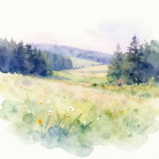 Watercolor painting of a sunlit meadow with soft yellow flowers, bordered by dark green pine trees under a pale blue sky.