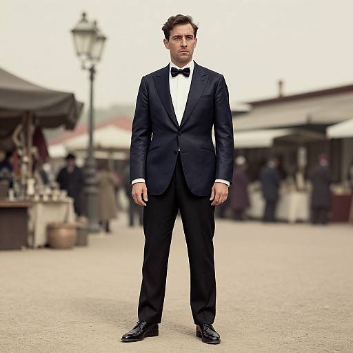 Photograph of a serious, handsome man in a black tuxedo with a bow tie, standing in a bustling outdoor market. Blurred background includes