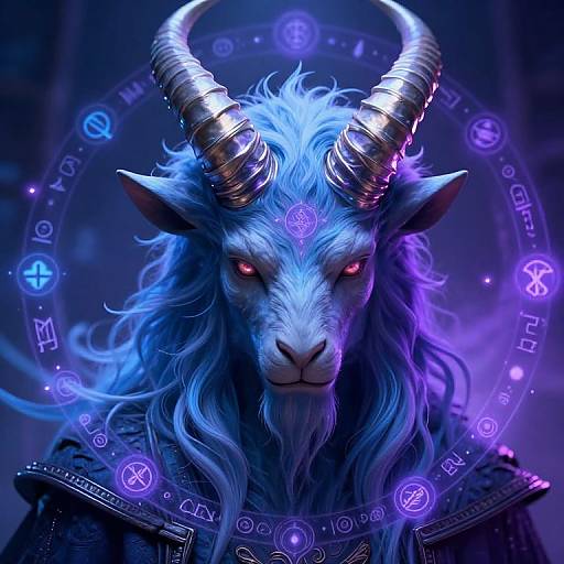 Digital fantasy artwork of a blue, glowing, demonic goat with purple and blue horns, red eyes, and mystical runes circling head.