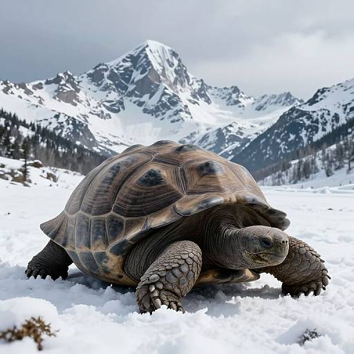 Photograph of a large tortoise with brown, patterned shell walking on snow-covered ground, with snow-capped mountains and a cloudy sky in the