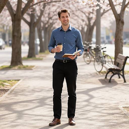Photograph of a smiling, Caucasian man with short brown hair, wearing a blue patterned shirt, black pants, and brown shoes, holding a coffee