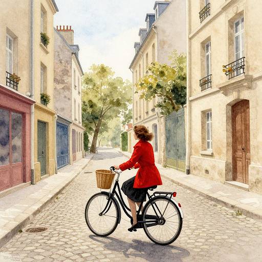 Photorealistic painting of a woman in a red jacket riding a black bicycle down a sunlit, cobblestone European street flanked by pastel