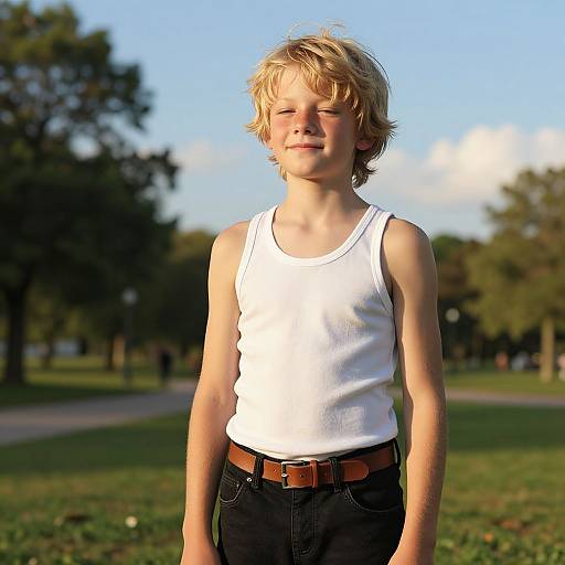 Photograph of a young blonde boy with tousled hair, wearing a white tank top and black pants with a brown belt, standing in a sunlit