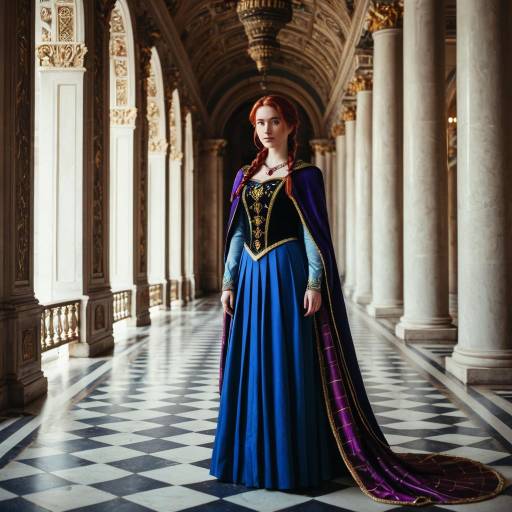 Woman in Detailed Frozen Anna Costume in Ornate Hallway