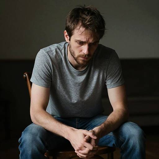 Photograph of a sad, bearded man with short brown hair, wearing a gray t-shirt and blue jeans, sitting on a wooden chair in a