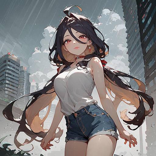 Anime Girl in Rainy Urban Setting