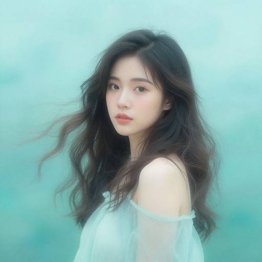 Photograph of an Asian woman with long, wavy black hair, wearing a sheer white off-shoulder top, against a soft blue background.