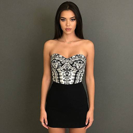 Photograph of a young woman with long black hair, wearing a strapless black and white floral-patterned top, paired with a black mini skirt,