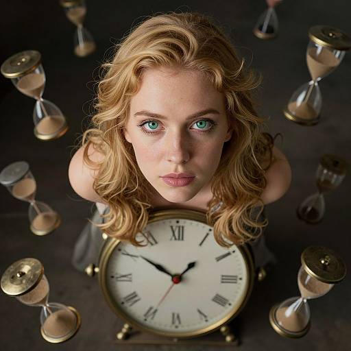 Photograph of a blonde woman with blue eyes, looking upwards at a clock surrounded by hourglasses, dark background.