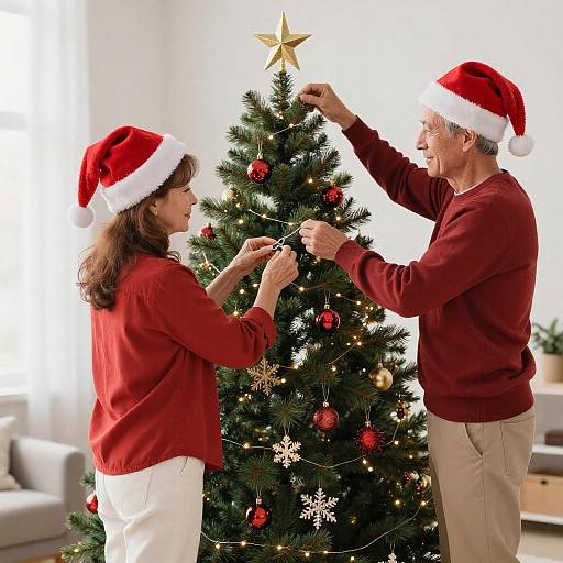 Older Couple Decorating Christmas Tree