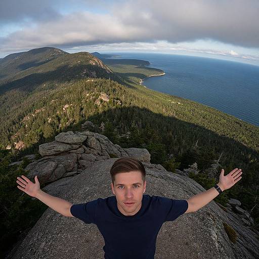 Photograph of a man with short brown hair, wearing a black shirt, arms outstretched, standing on a rocky cliff overlooking a vast, forest