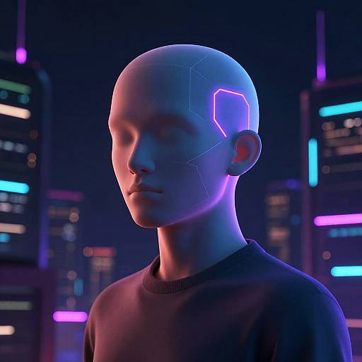 CGI image of a bald, androgynous humanoid with glowing neon blue circuit patterns on the head, wearing a dark sweater, set against a