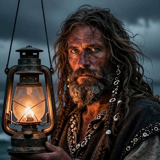 Photograph of a rugged, bearded man with long, wet hair, holding a glowing lantern, wearing a bead necklace and leather garments, under a