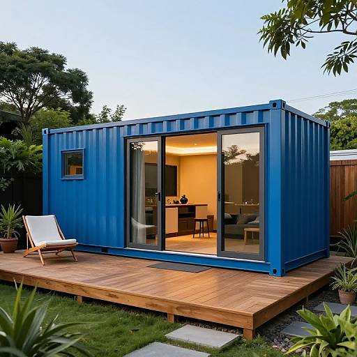 Photograph of a modern, blue, rectangular tiny house with large glass doors, wooden deck, white lounge chair, and lush green garden.