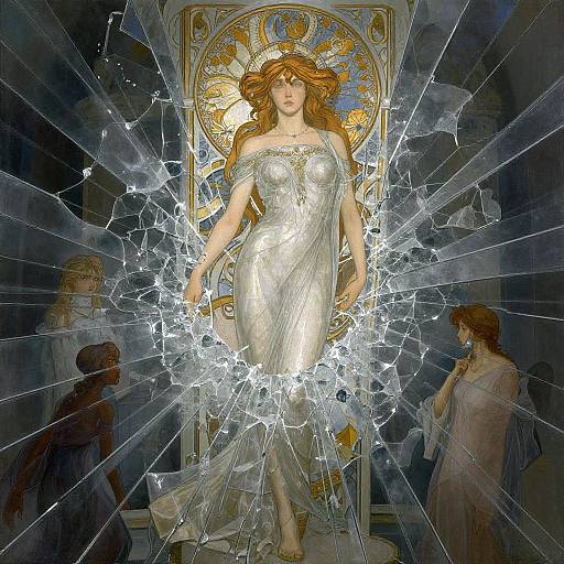 Digital artwork of a radiant, ethereal woman in a silver dress, breaking through a shattered glass wall, with two observing figures in the background, illuminated