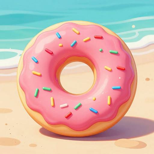 Bright pink frosted donut with colorful sprinkles on a sunny beach with turquoise water in the background. (Digital Art)