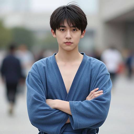 Photograph of a young Asian man with short black hair, wearing a blue kimono, standing with arms crossed, in a blurred outdoor urban setting.