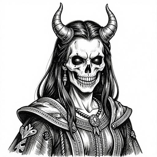 Black-and-white digital drawing of a skeletal face with horns, long dark hair, and a detailed, patterned hooded jacket.