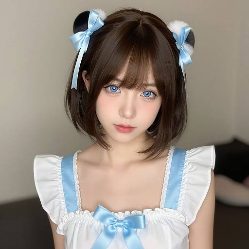 Photograph of a young woman with fair skin, blue eyes, and short brown hair adorned with blue bows, wearing a white dress with light blue bows