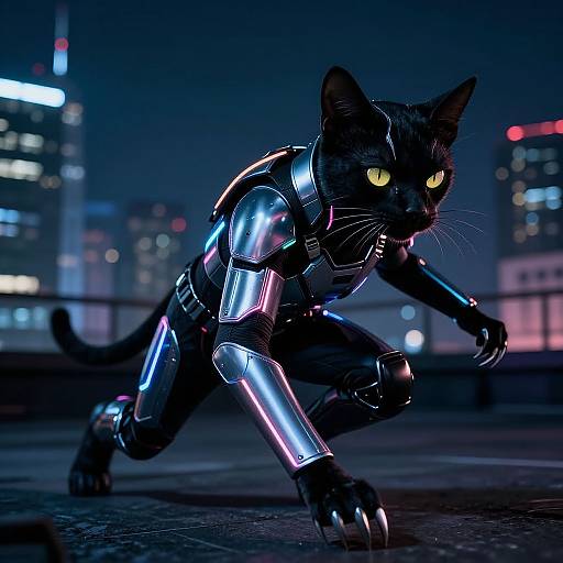 Photorealistic CGI of a black cat with glowing yellow eyes, crouched in a futuristic, neon-lit city rooftop at night. Wearing