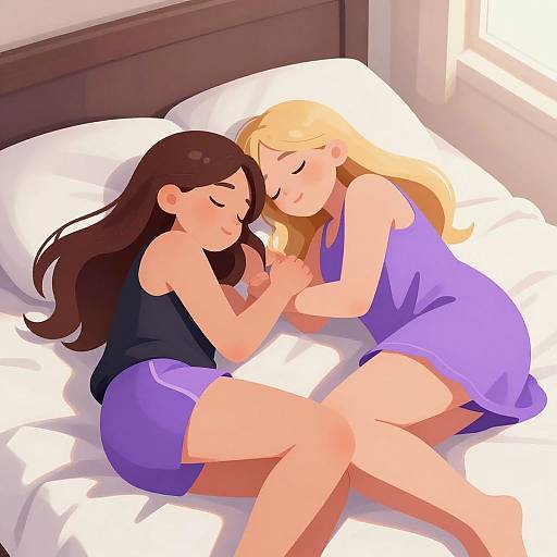 Digital illustration of two women with closed eyes, lying in bed, holding hands. One has long brown hair, black tank top, and purple shorts.