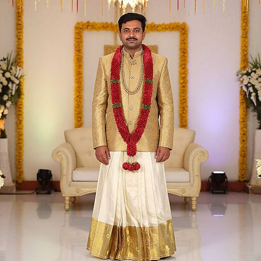 Photograph of a South Asian groom in a gold and white traditional outfit, adorned with a red flower garland, standing in an ornately decorated hall