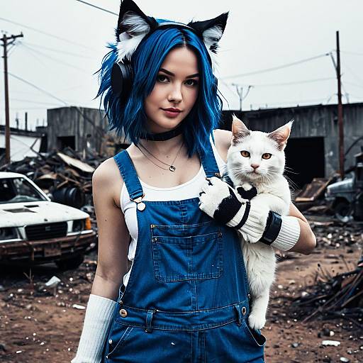 Post-apocalyptic woman with blue hair holding a white cat