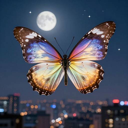 Radiant Colossal Butterfly Over Cityscape
