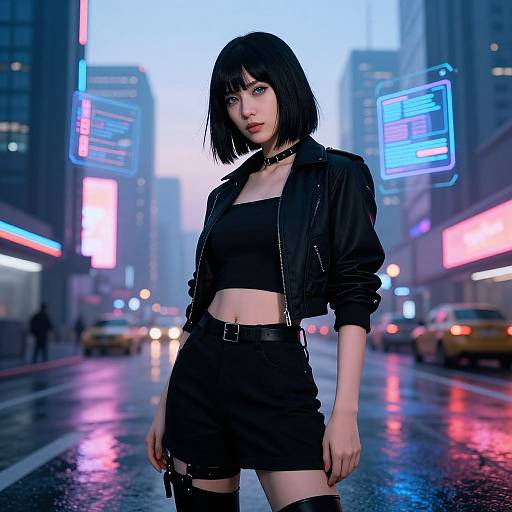 Photorealistic digital art: Gothic-style woman with black bob, leather jacket, crop top, and shorts, standing in a neon-lit, rain