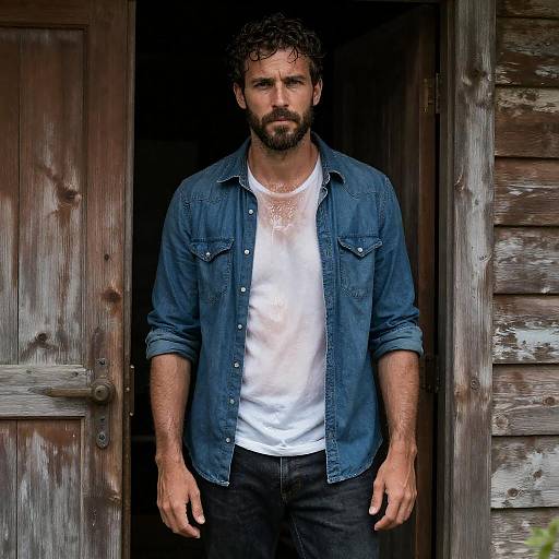 Moody Rugged Man in Wooden Doorway
