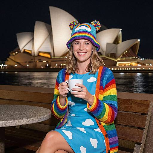 Photograph of a smiling woman in a colorful rainbow hat and matching sweater, blue dress with clouds, holding a mug, seated by a waterfront at night