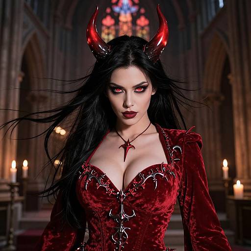 Seductive Devil Woman in Gothic Cathedral
