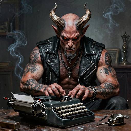 Photorealistic digital art: muscular demon with horns, tattoos, leather vest, writing on vintage typewriter, smoke, dark room, sinister expression.