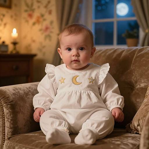 Photograph of a baby with light skin, brown hair, wearing a white long-sleeve dress with stars and a crescent moon, sitting on