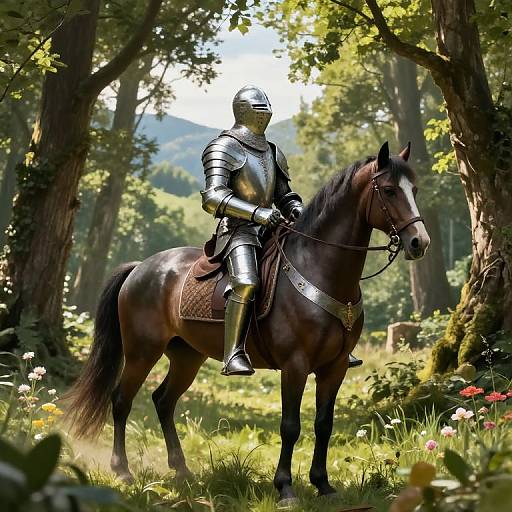 Photograph of a knight in silver armor riding a dark brown horse in a sunlit forest, surrounded by trees and wildflowers.