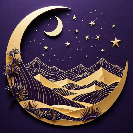Paper Kirigami of Mystical Desert Dunes with Crescent Moon