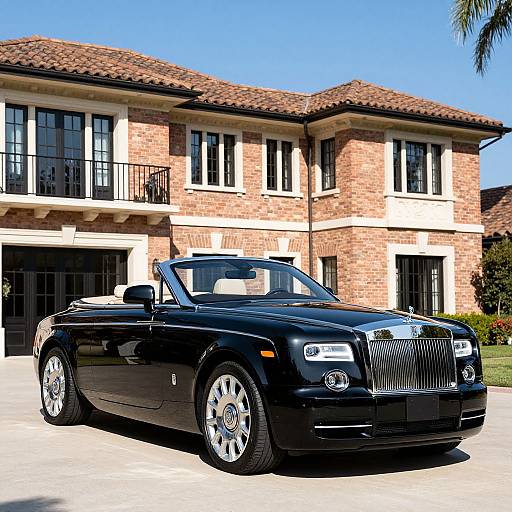 Photograph of a sleek, black Rolls-Royce convertible parked in front of a two-story, brick mansion with a brown tiled roof and large windows