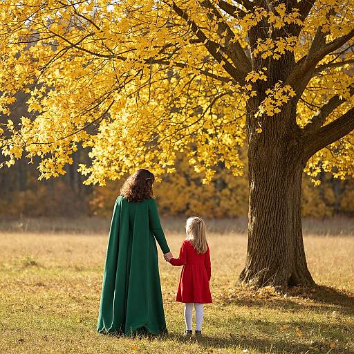 Photograph of an adult and child holding hands under a golden autumn tree, adult in green cloak, child in red coat.