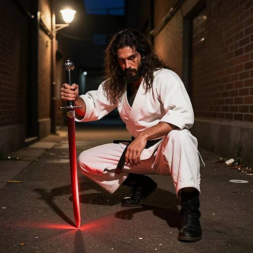 Photograph: Bearded man with long dark hair, wearing white martial arts uniform, crouches on dim alley holding glowing red sword, under street
