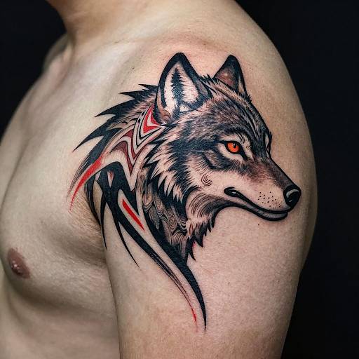 Photograph of a shirtless man with a detailed black, red, and gray wolf tattoo on his upper right shoulder. The wolf's eyes are vivid