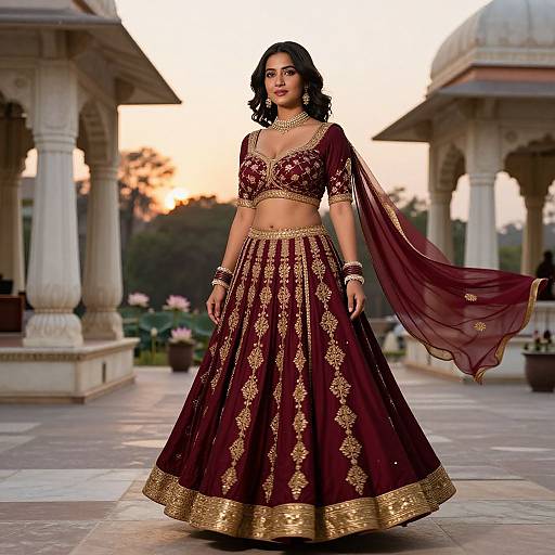Photograph of a beautiful South Asian woman in a maroon and gold traditional lehenga, standing in a courtyard at sunset.