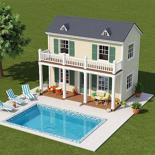 Vintage Two-Story Dollhouse with Pool and Patio