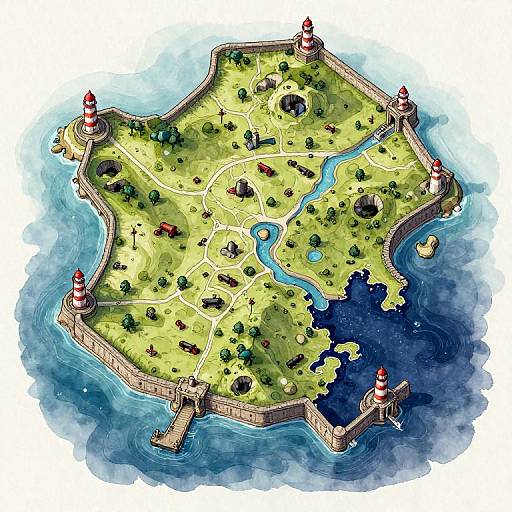 Colorful digital illustration of an island with lighthouses, winding paths, a river, trees, and buildings, surrounded by blue water.